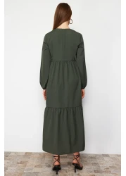  Modest فستان منسوج من القطن ذو قصة واسعة ومفصل باللون الكاكي TCTSS21EL3406