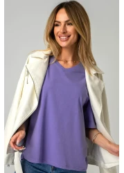 Happyfox تي شيرت نسائي كبير الحجم غير مطبوع برقبة على شكل حرف V - قطن وليكرا، أزرق أرجواني أساسي