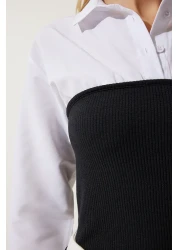 Happiness İstanbul Women's White Black Polo Neck Color Blocked Shirt Blouse AN00174