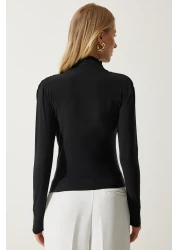 Happiness İstanbul Women's Black Gather Detailed High Collar Sandy Blouse FF00135