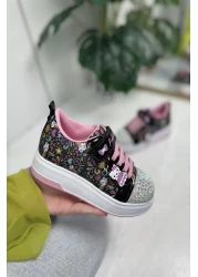 Nstil أسود - حذاء رياضي بناتي وردي، نمط بيضاوي لامع وشريط فيلكرو عند الأصابع 4004