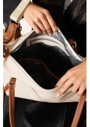 Just Polo Women's Cream Tan Large Size Lacoste Fabric Hand and Shoulder Bag P346037Mh