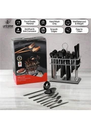 LIFE SMILE Cutlery Set, 18/10 Pure Stainless Steel Flatware Set with Stand, Rust Proof &amp; Fade Proof Dinnerware Set (SHINE BLACK, 38 Pieces)