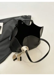 حقيبة كتف نسائية متعددة الاستخدامات ذات لون واحد، حقيبة كتف سعة كبيرة من جلد البولي يوريثان بديكور وشاح حريري