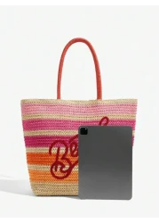 SHEIN BAE Casual Holiday Colorblock Striped Letter Embroidery Tote Bag