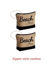 1set Beach Letter Print Tote Simple Linen Tote Reusable Grocery Shopping Tote Bag And Makeup Bag Holiday Gift Bag Perfect For Vacation Travel Khaki Summer Essentials Perfect For Vacation Holiday Suita