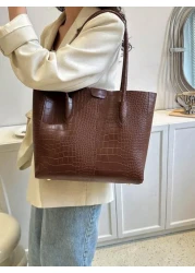 A Crocodile Handbag Fashion Large Capacity Shoulder Bag PU Suitable For University Students Teachers Offices Workplaces
