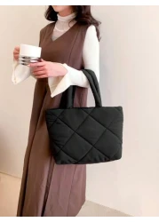 حقيبة تسوق قابلة للطي من القماش المنقوش، متعددة الاستخدامات للأعمال الرسمية والكاجوال، باللون الأسود، لوازم