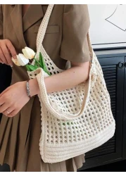 Yogodlns حقيبة كتف محبوكة للنساء والفتيات، بتصميم هولو مزخرف بالأزهار، بسعة كبيرة، يد التسوق، حقائب الكروشيه، حق