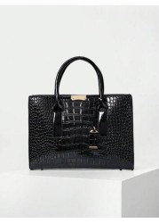 Women s Faux Crocodile Embossed Black Tote Bag Large Capacity Shoulder Bag Handbag Crossbody Bag Simple Crocodile Pattern Tote Bag Faux Leather Shoulder Bag Women s Classic Handbag Business Casual Wom
