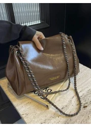 Women s Oiled Wax Leather Tote Bag With Shoulder Chain Large Crossbody Bag