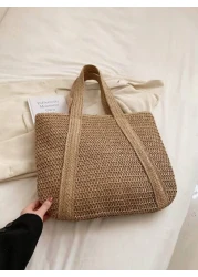 1 Pc Fashionable New Casual Summer Holiday Style Large Capacity Portable Solid Color Grass Woven Zipper Tote Bag With Wooden Bead Tassel Pendant Women s Beach Bag Suitable For Outdoor Leisure Vacation