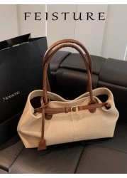 FEISTURE 1 Piece Summer Straw Woven Handbag Beach Bag By The Sea Large Capacity Belt Buckle Design Tote Bag Magnetic Buckle Closed Suitable For Girls Ladies College Students Newcomers And White Collar