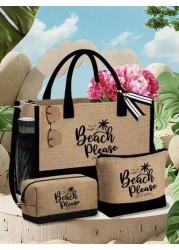 Beach Themed Beach Tote Bag Set For Women Printed With Artistic Letters Beach Beach And Coconut Tree Pattern Large Capacity Handbag And Two Makeup Bags