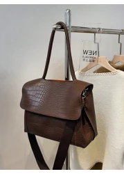 Large Capacity Vintage Casual Tote Bag For Women With Multi Layered Compartments Crocodile Embossed Flap Cover Adjustable Shoulder Strap Suitable For Commuting And Outdoor Travel Autumn Retro Inspired