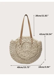Yogodlns Hollow Out Summer Round Bags For Women Rattan Shoulder Bag Girls Handmade Woven Handbags Female Large Summer Perfect For Vacation Holiday School Bag Large Capacity Portable Classic Casual For