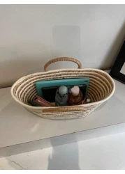 حقيبة قش كبيرة السعة ذات استخدام متعدد للنساء بمقبض دائري مخطط، حقيبة تسوق وشاطئ مناسبة للعطلات والسفر