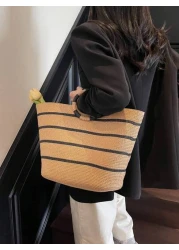 حقيبة كبيرة السعة منسوجة من القش، حقيبة يد عصرية متعددة الاستخدامات للنساء، حقيبة تسوق ذات نمط مخطط، حقيبة يد
