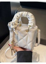 Exquisite Mini High Quality Textured New Popular Sweet Silk Scarf Handbag In Spring And Summer Niche Design Diamond Grid Heart Embroidered Princess Diana Bag Fashionable Crossbody Bag With Bow Pendant