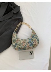 Fashion Metal Chain Handbag With Flower Design Floral Printed Canvas Shoulder Bag Tready Crescent Moon Bag For Women Exquisite Floral Bag For Women