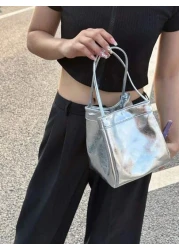 2025 Spring Summer New Silver Color Lunch Box Tote Bag Women s Commute Shiny Mirror Handbag Fashionable Simple Silver PU Leather Bucket Bag Casual Lightweight Solid Color Handbag