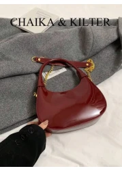 1pc CHAIKA KILTER Women Glossy PU Leather Tote Bag Fashionable Crescent Shaped Armpit Bag With Detachable Metal Chain Zipper Closure Suitable For Daily And Outdoor Use