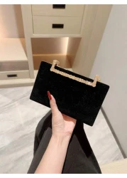 1pc Velvet Box Clutch Bag Glittery Metal Crystal Decor Evening Bag For Gown Formal Party Wedding Bridal Purse Crossbody Bag