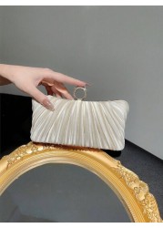 Women Fashionable Shiny Ring Buckle Pleated Satin Box Clutch Bag For Evening Dress Formal Party Prom Wedding Chain Handbag