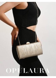 OpulAura Retro Luxury Clutch Bag Gold Leather Pleated Design Fashion Party Purse Elegant Box Handbag With Chain Strap Suitable For Party Wedding Formal Events Autumn Winter Tready Party Bags Perfect F