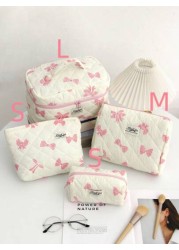 1Piece Bow Travel Toiletry Bag With Handle Quilted Fabric Large Capacity Women Handle Cosmetic Bag Cosmetic Brushes Storage Make Up Organizer Travel Skincare Makeup Pouch For For Bathroom For College