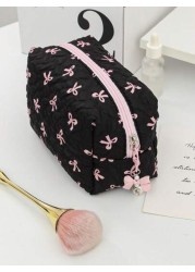 Floral Bow Decor Makeup Bag Fabric Print Zipper Pouch Sweet Style Toiletry Bag Cosmetic Bag For Home Travel Daily Use Women Makeup Organizer Makeup Storage Bag Mini Pouch Travel Small Makeup Case Acce