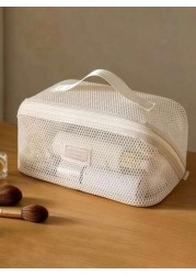1pc Large Capacity Ivory Mesh Makeup Bag Portable Travel Toiletry Bag Multi Functional Storage Pouch Zipper Bag Travel Bag For Cosmetics Skincare Phones Jewelry And Small Items Gift Vacation Multiple