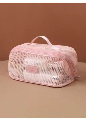 1pc Large Capacity Pink Mesh Makeup Bag Portable Travel Toiletry Organizer Multi Functional Storage Pouch Zipper Bag Travel Bag For Cosmetics Skincare Phone Jewelry Small Items Gift Holiday Use Availa