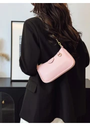 New Fashion Classic Joker Solid Color Pu Waterproof Fabric Shoulder Baguette Bag Strawberry Metal Chain Decorated Underarm Bag Elegant Handbag Business Commuter Bag Suitable For Travel Shopping Partie