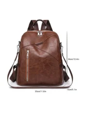 Fashionable Backpack Vintage Style Large Capacity Casual Synthetic Leather Adjustable Shoulder Straps Zip Closure Polyester Lining Embossed Line Detail Suitable For Daily Commute