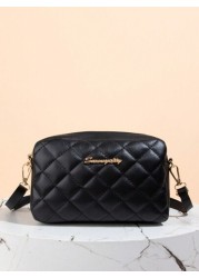 Quilted Zipper Square Bag Metal Letter Decor Shoulder Bag Adjustable Fashionable Girls Crossbody Bag Casual Phone Pouch