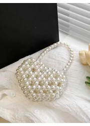 1pc Girls Heart Shaped Handbag With Faux Pearl Decoration Handmade Beaded Accents Open Top Design Suitable For Festival Gift Or Spring Summer Daily Dressing Matching