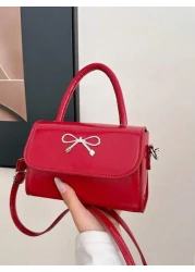 1pc Gentle And Sweet Bow Fashion Handbag Versatile Ins Shoulder Crossbody Bag Stylish And Gentle Small Square Bag With Bow Decoration Pu Material Magnetic Buckle Closure Crossbody Bag High End Solid C