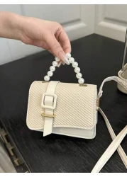 1pc Pu Fashion Splicing Pearl Chain Handbag Korean Princess Fashion Small Square Bag Flip Magnetic Buckle Closure Strap Decoration Niche Design Suitable For Daily Use When Shopping Sweet And Literary