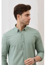 RAVANELLI Sarte - Men's Khaki Slim Fit Slim Fit Button Collar Linen Look 100% Cotton Flared Shirt