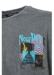  Collection Anthracite Crew Neck Oversize Printed T-Shirt - Short Sleeve, Acid Washed Tmnss22Ts0838