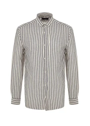  Collection قميص ذو مظهر كتان مخطط بقصة عادية باللون الأزرق الداكن TMNSS23GO00062