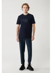 Avva تي شيرت رجالي باللون الأزرق الداكن برقبة دائرية وطبعة ناعمة الملمس A41y1037