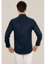 Etikmen قميص رجالي - أزرق داكن، Slimfit، أزرار بنية، صندوق هدايا