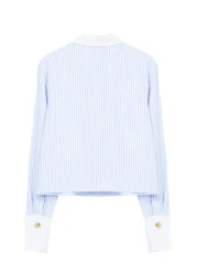 Trendyol Collection قميص أزرق مخطط بأزرار معدنية - تصميم الياقة والأكمام، مقاس عادي TWOAW25GO00023