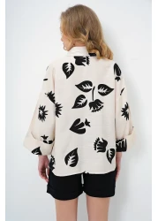 Trend Alaçatı Stili Women's Black-Beige Double Cuffed Leaf Patterned Woven Shirt Alc-X13785