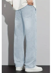 THE RULE الرجال الضوء الأزرق فضفاض الخصر مطاطا ليكرا مستقيم الساق فضفاضة تناسب بسط جان الدينيم الجينز السراويل Rf0484