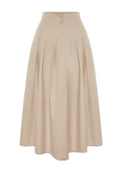  Collection Beige Midi Skirt - Pleat Detailed and Buttoned Front, Woven TWOSS24ET00169