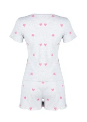  Collection Heart-Printed Grey Melange Slogan Pajama Shorts Set - THMSS24PT00220