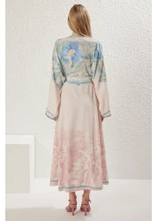  Modest Powder Linen Look Spanish Sleeves Belted Print Woven Dress Tctss25Eb00033